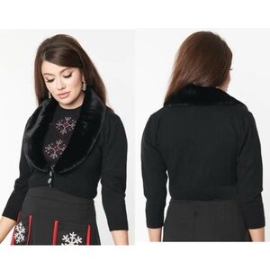 Smak Parlour Black Faux Fur Collar Cardigan